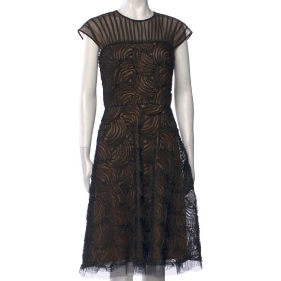 Tadashi Shoji Black Gold Mesh Applique Fit & Flare Midi Dress Size 16 Evening - Picture 1 of 12